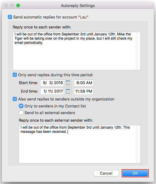 set out of office replies in office 365 2016 for mac